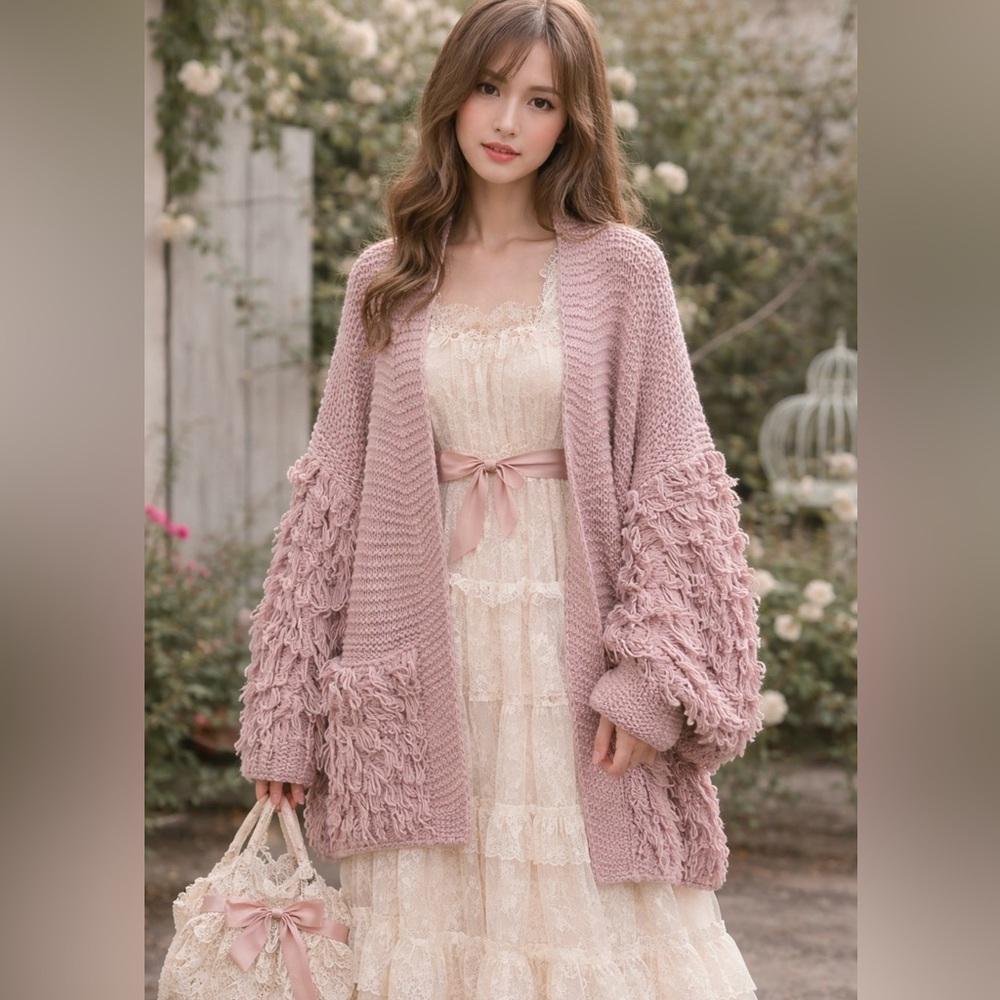 Macaron Shabby Chic Women's Pink Textured Open Cardigan Sweater